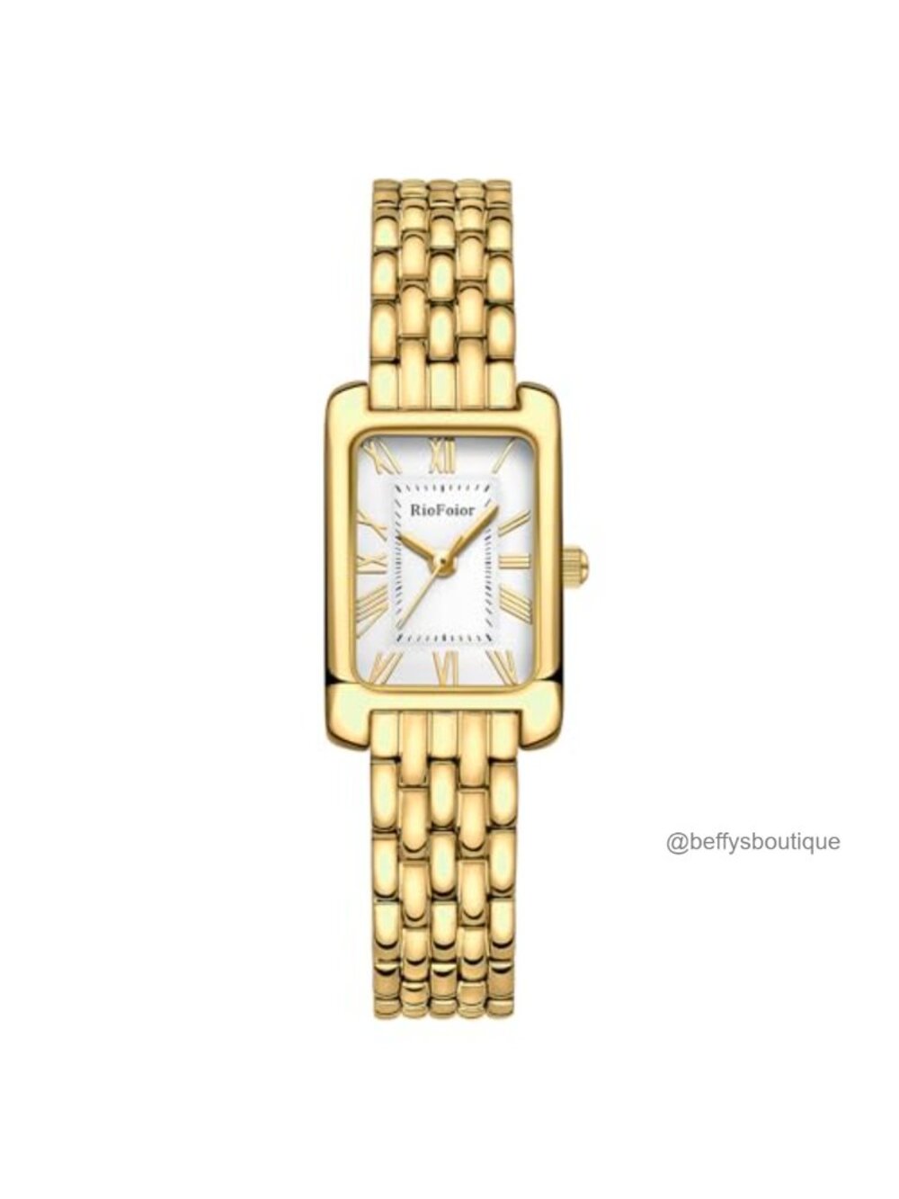 Gold Watch Women Rectangular Case Roman Dial Stainless Steel Waterproof